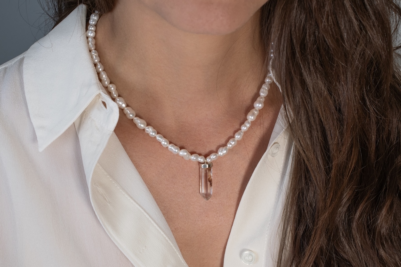 Necklace Pearl With Lodolite Quartz – Bild 2